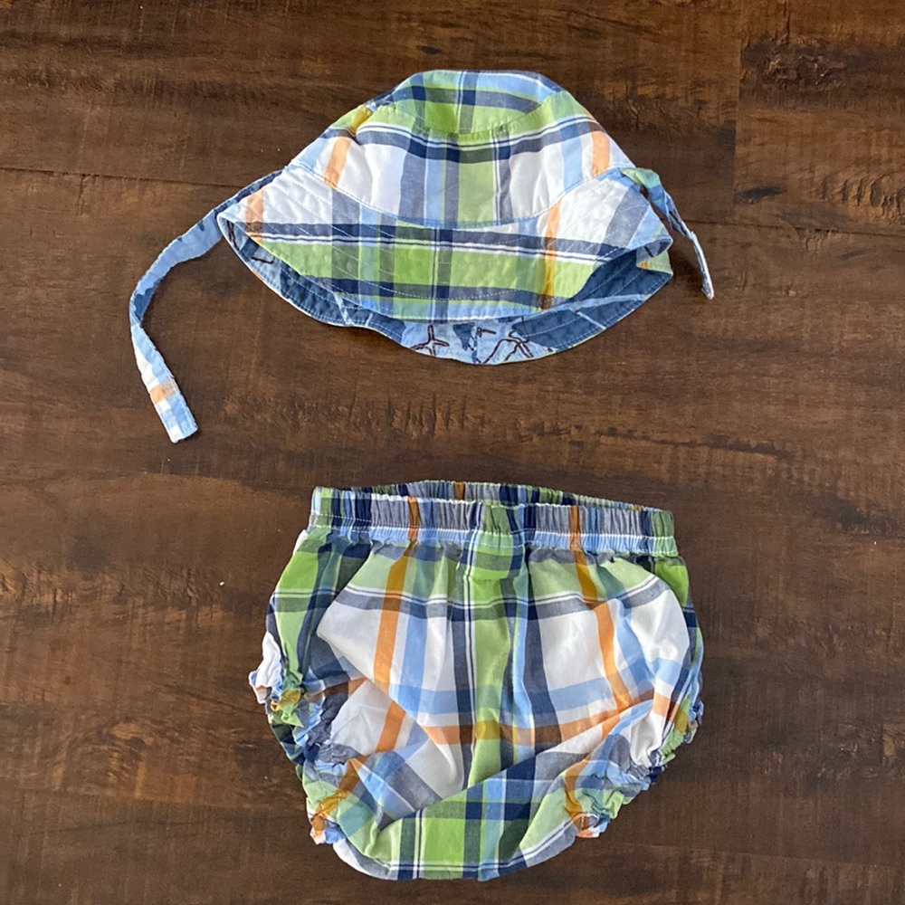 Vintage Pottery Barn Kids hat and bloomers (diaper cover). Hat is reversible!